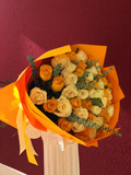 Golden yellow and ivory rose bouquet with eucalyptus by Nostalgie Flowers Los Angeles