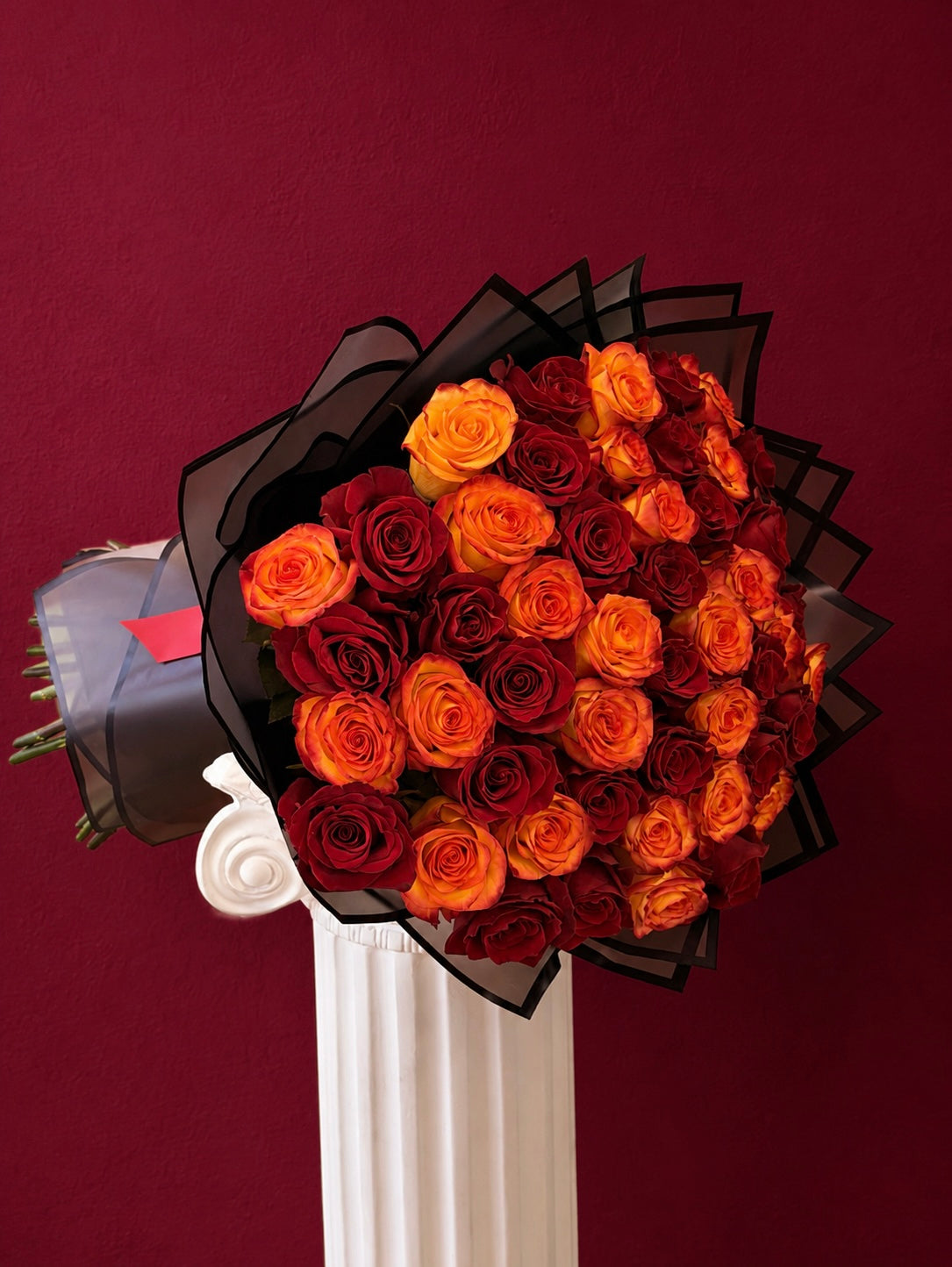 Crimson Sunset Rose Bouquet with Teddy Bear Nostalgie Flowers