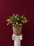 Jardin de Tulipes – Colorful Tulip & Rose Basket Arrangement Nostalgie flowers