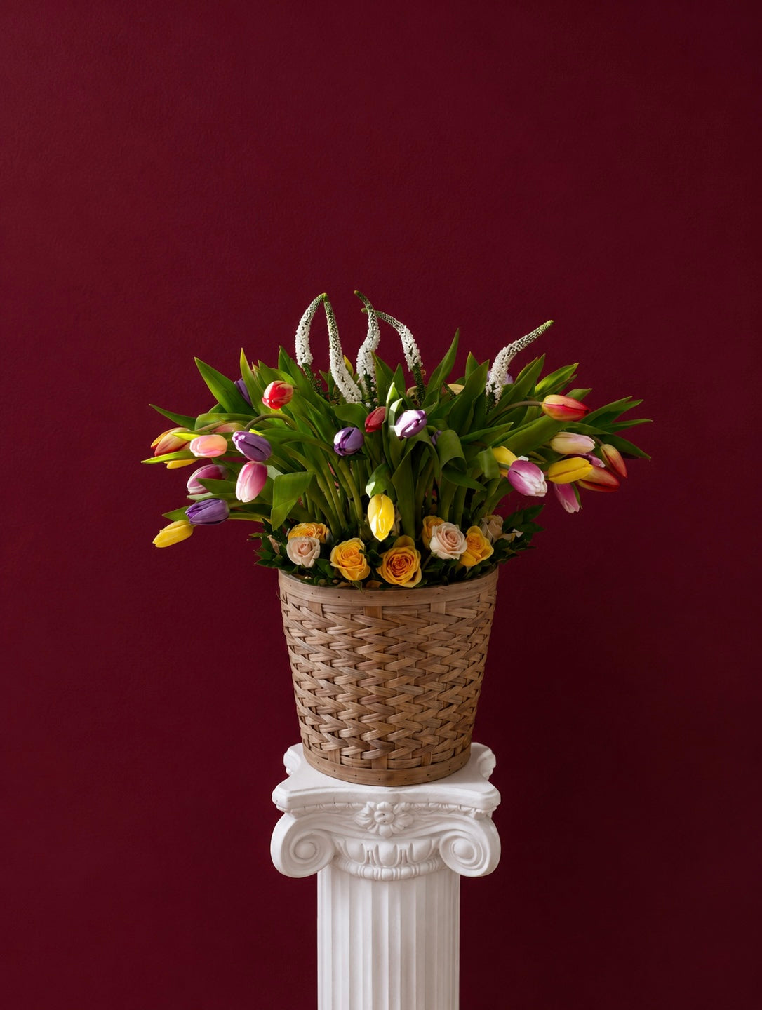 Jardin de Tulipes – Colorful Tulip & Rose Basket Arrangement Nostalgie flowers