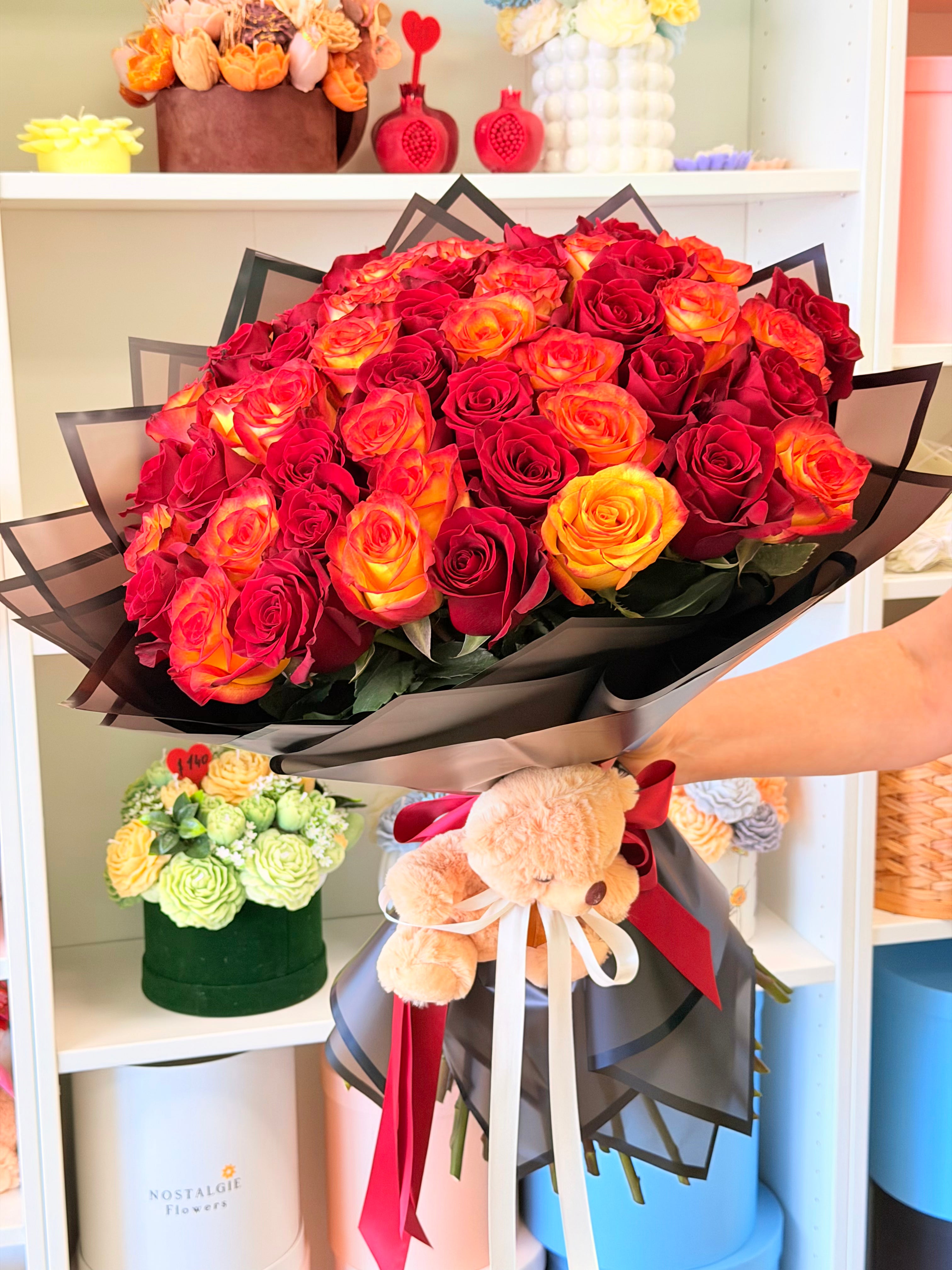 Crimson Sunset Rose Bouquet with Teddy Bear Nostalgie Flowers