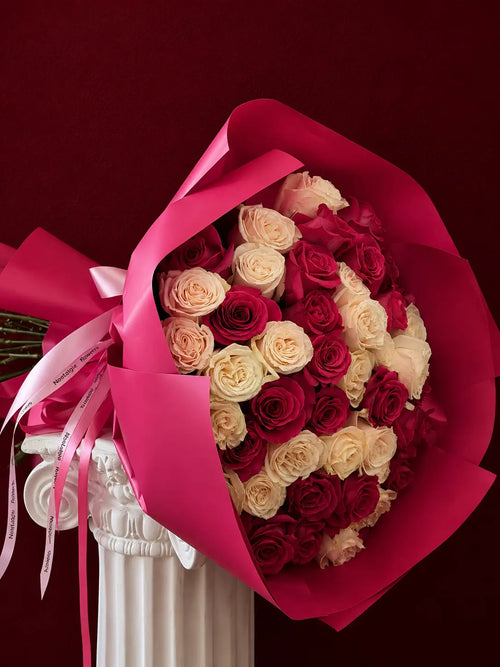 50 Roses Blush & Fuchsia Bouquet Nostalgie Flowers